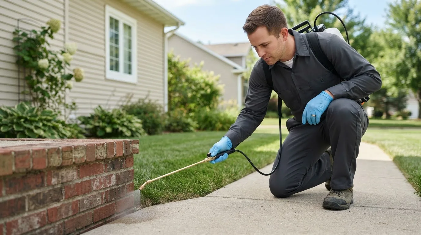 Pest control technician treating a home near Firth, ID